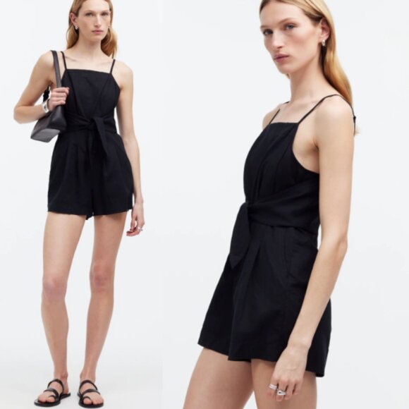 Madewell Linen Blend Tie-Waist Romper NWT in Black 4 - Picture 2 of 10
